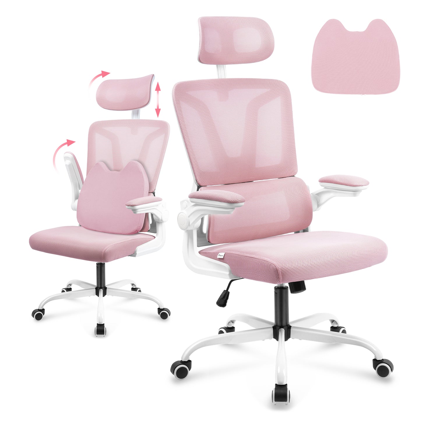 Luxvie Ergonomic Office Chair High Back Mesh Office Chair with Lumbar Support Pillow, Rocking Office Desk Chair with Adjustable Arms & Headrest, Comfortable Ergonomic Chair, Pink