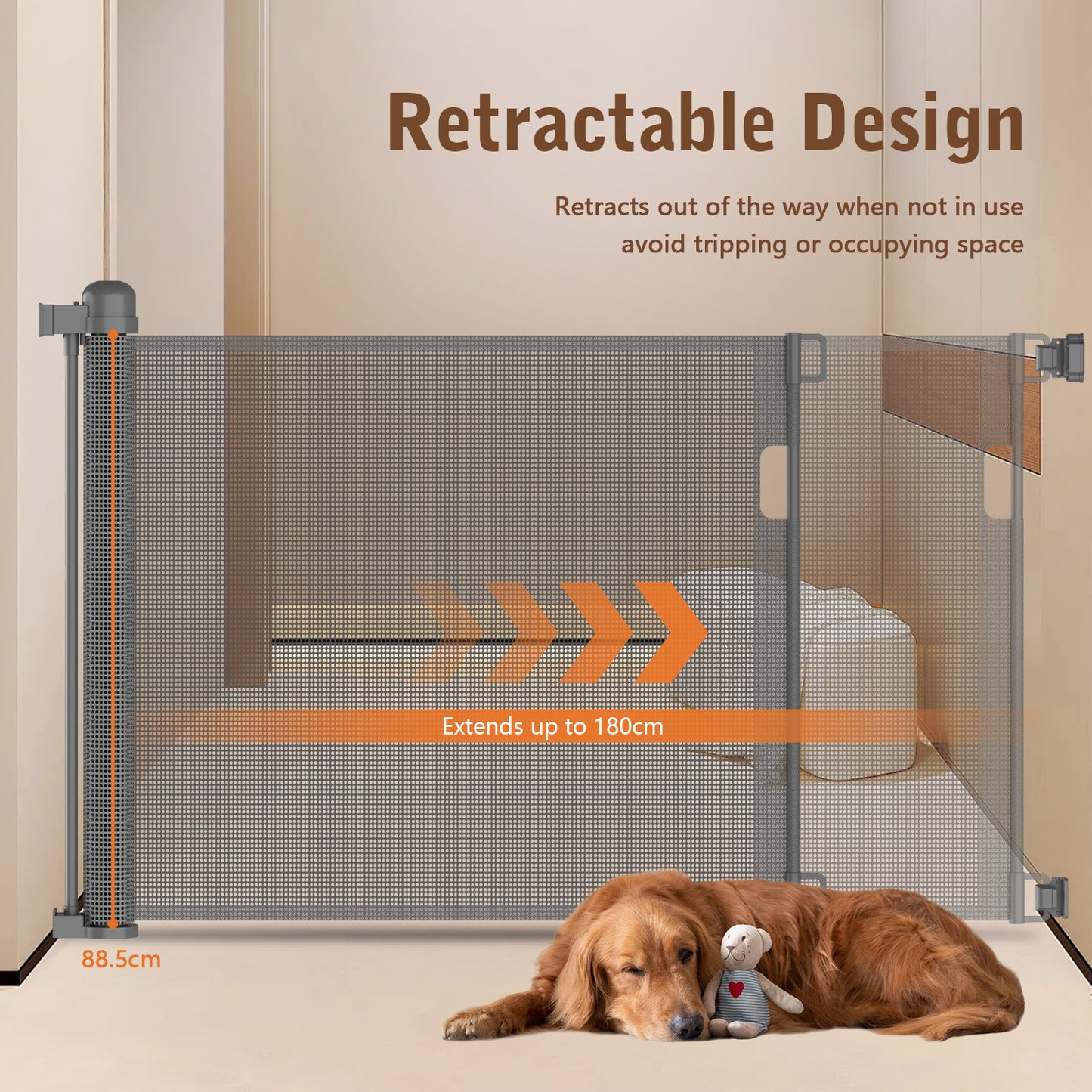 Kidsbuddy Retractable Baby & Dog Pet Gate Mesh Safety Gate for Doorways & Stairs- 35" Tall, Extends to 71" Wide Indoor & Outdoor Child Gates for the House, Gray