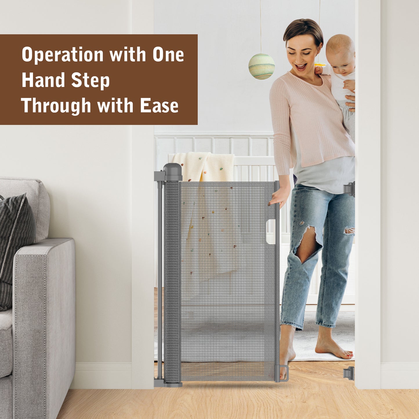 Kidsbuddy Retractable Baby & Dog Pet Gate Mesh Safety Gate for Doorways & Stairs- 35" Tall, Extends to 71" Wide Indoor & Outdoor Child Gates for the House, Gray
