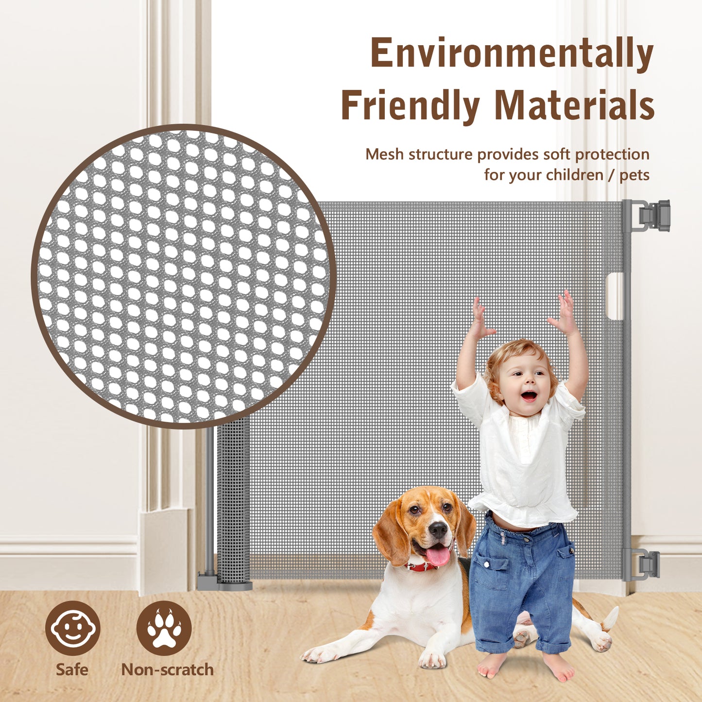 Kidsbuddy Retractable Baby & Dog Pet Gate Mesh Safety Gate for Doorways & Stairs- 35" Tall, Extends to 71" Wide Indoor & Outdoor Child Gates for the House, Gray