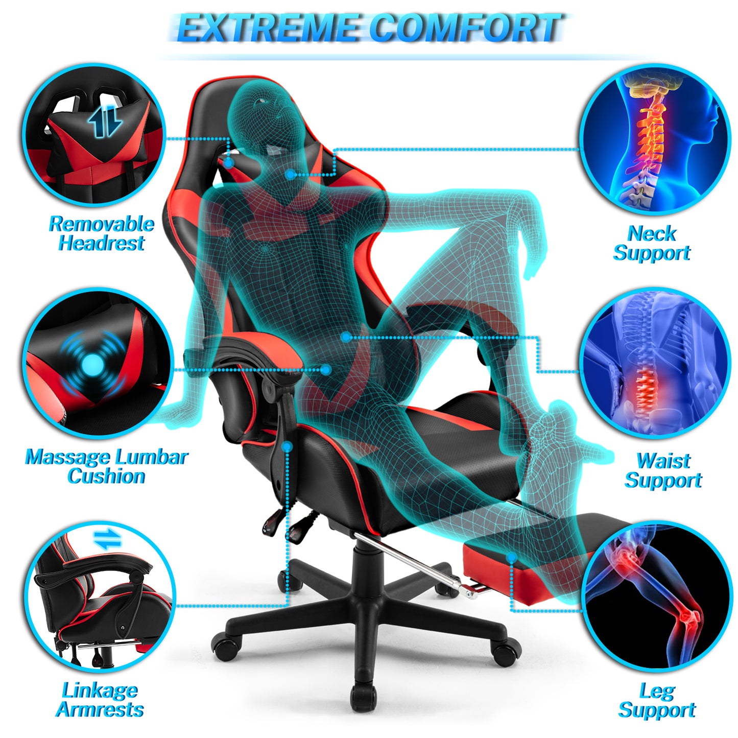 Luxvie Gaming Chair with Footrest High Back Office Chair with Headrest&Massage Lumbar Support Swivel Ergonomic Gaming Chair for Adults,Red