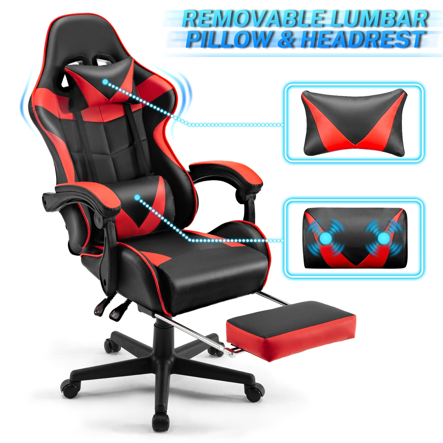 Luxvie Gaming Chair with Footrest High Back Office Chair with Headrest&Massage Lumbar Support Swivel Ergonomic Gaming Chair for Adults,Red