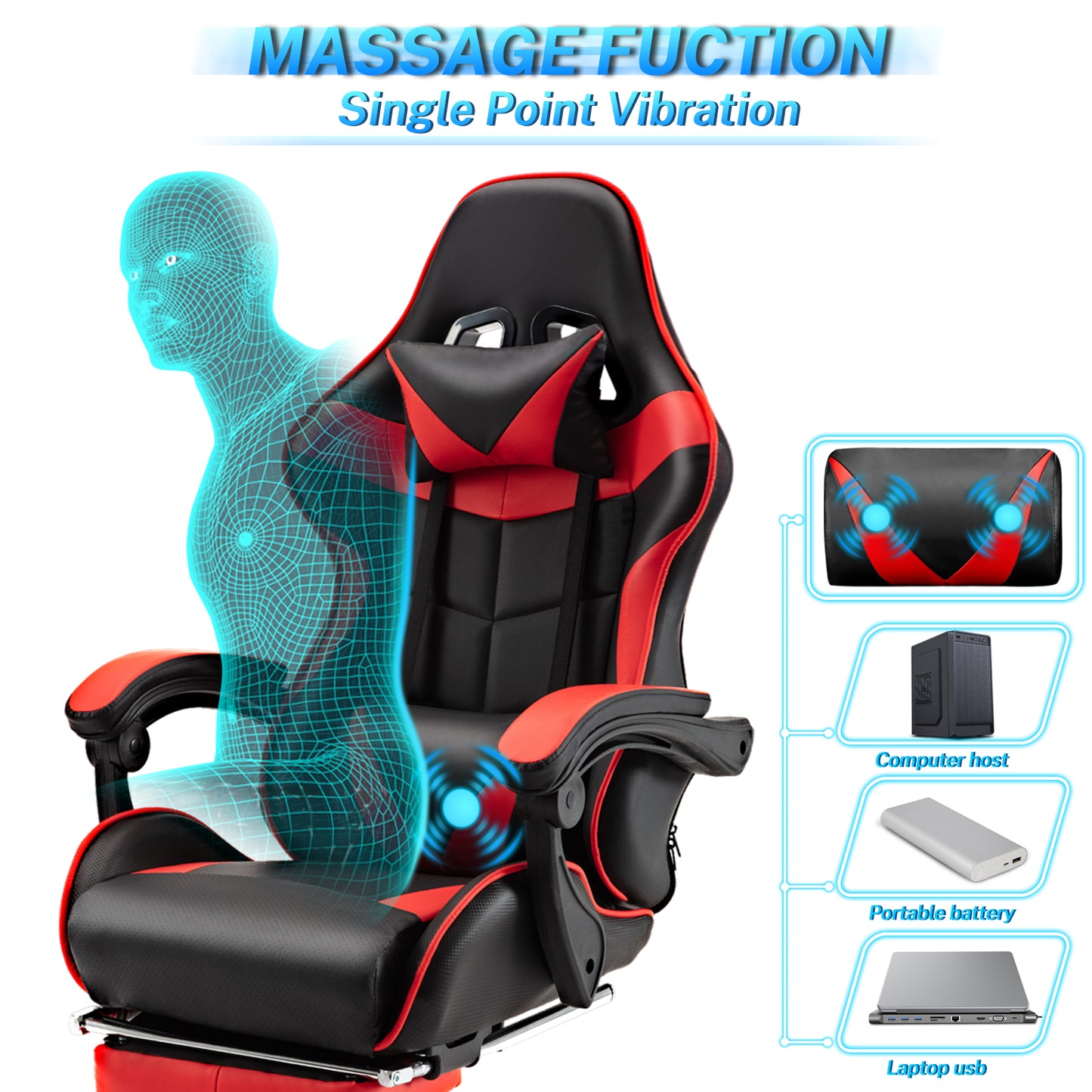 Luxvie Gaming Chair with Footrest High Back Office Chair with Headrest&Massage Lumbar Support Swivel Ergonomic Gaming Chair for Adults,Red