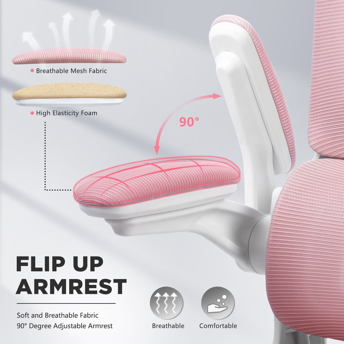 Luxvie Ergonomic Office Chair High Back Mesh Office Chair with Lumbar Support Pillow, Rocking Office Desk Chair with Adjustable Arms & Headrest, Comfortable Ergonomic Chair, Pink
