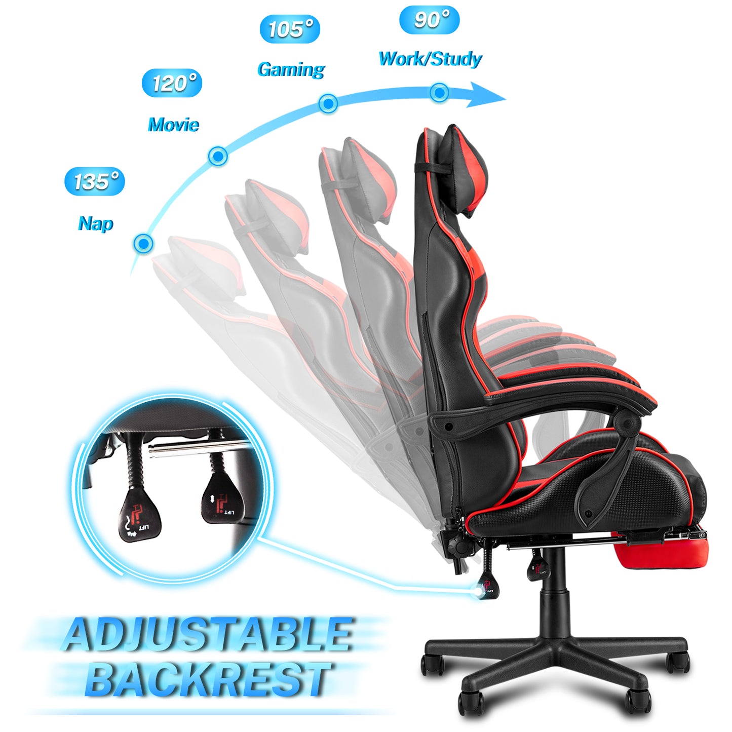 Luxvie Gaming Chair with Footrest High Back Office Chair with Headrest&Massage Lumbar Support Swivel Ergonomic Gaming Chair for Adults,Red
