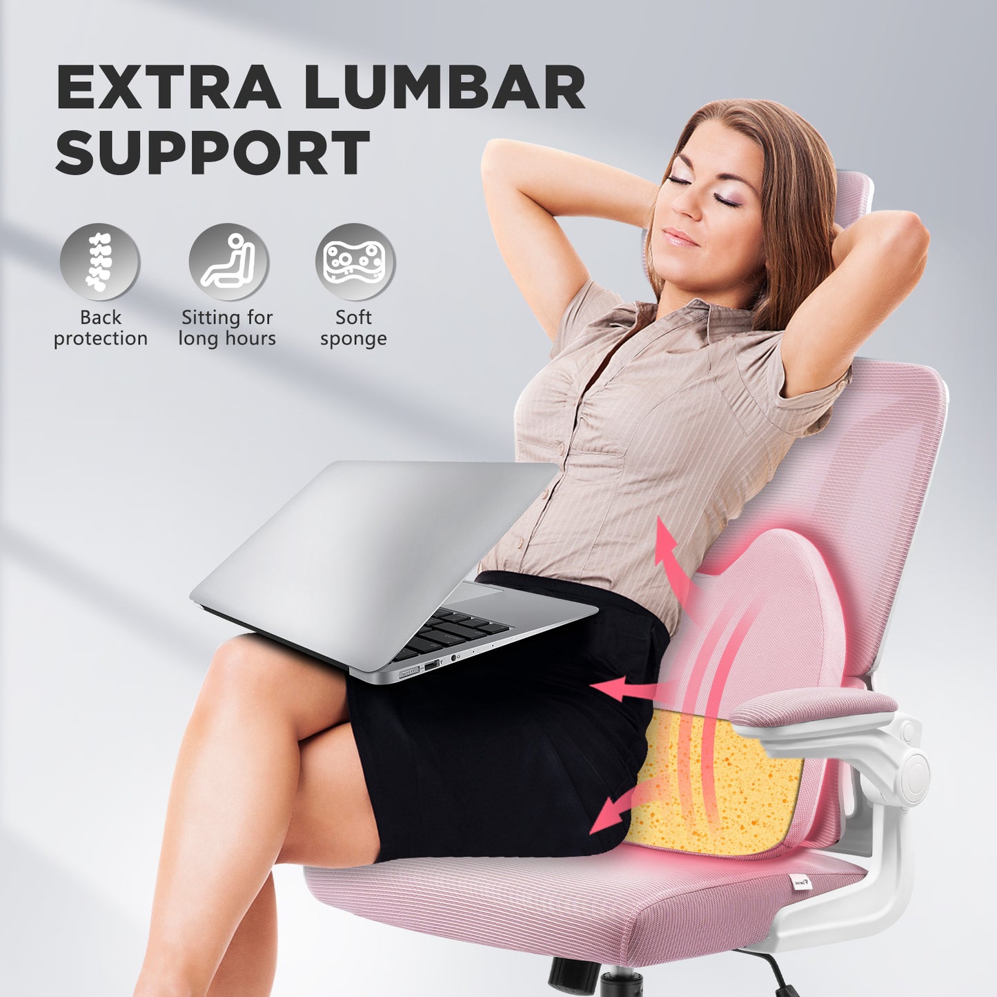 Luxvie Ergonomic Office Chair High Back Mesh Office Chair with Lumbar Support Pillow, Rocking Office Desk Chair with Adjustable Arms & Headrest, Comfortable Ergonomic Chair, Pink