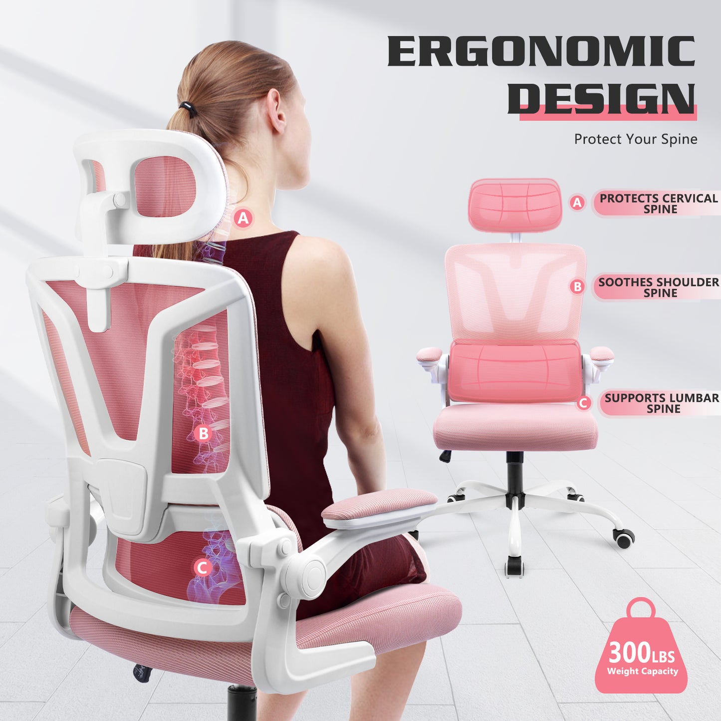 Luxvie Ergonomic Office Chair High Back Mesh Office Chair with Lumbar Support Pillow, Rocking Office Desk Chair with Adjustable Arms & Headrest, Comfortable Ergonomic Chair, Pink