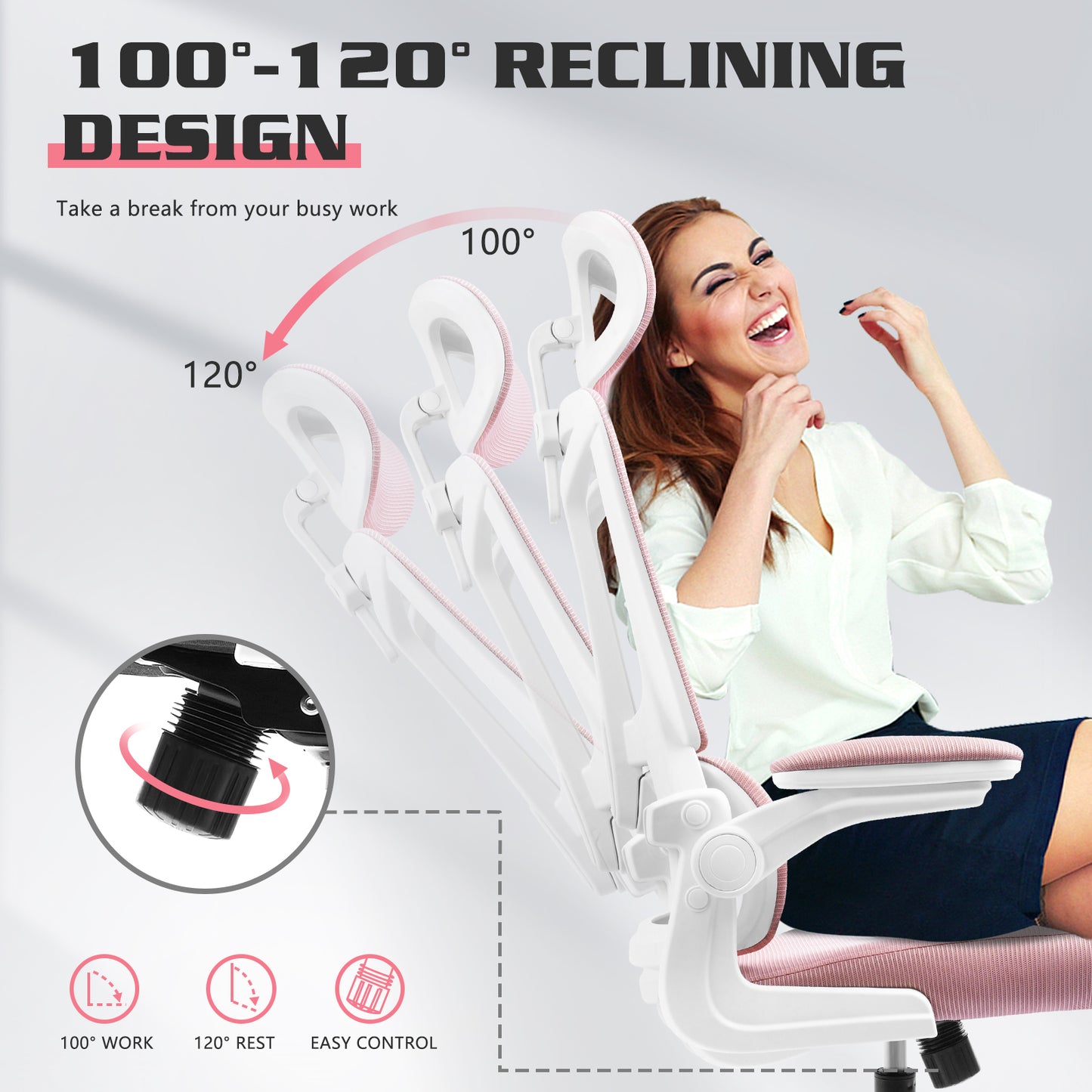 Luxvie Ergonomic Office Chair High Back Mesh Office Chair with Lumbar Support Pillow, Rocking Office Desk Chair with Adjustable Arms & Headrest, Comfortable Ergonomic Chair, Pink