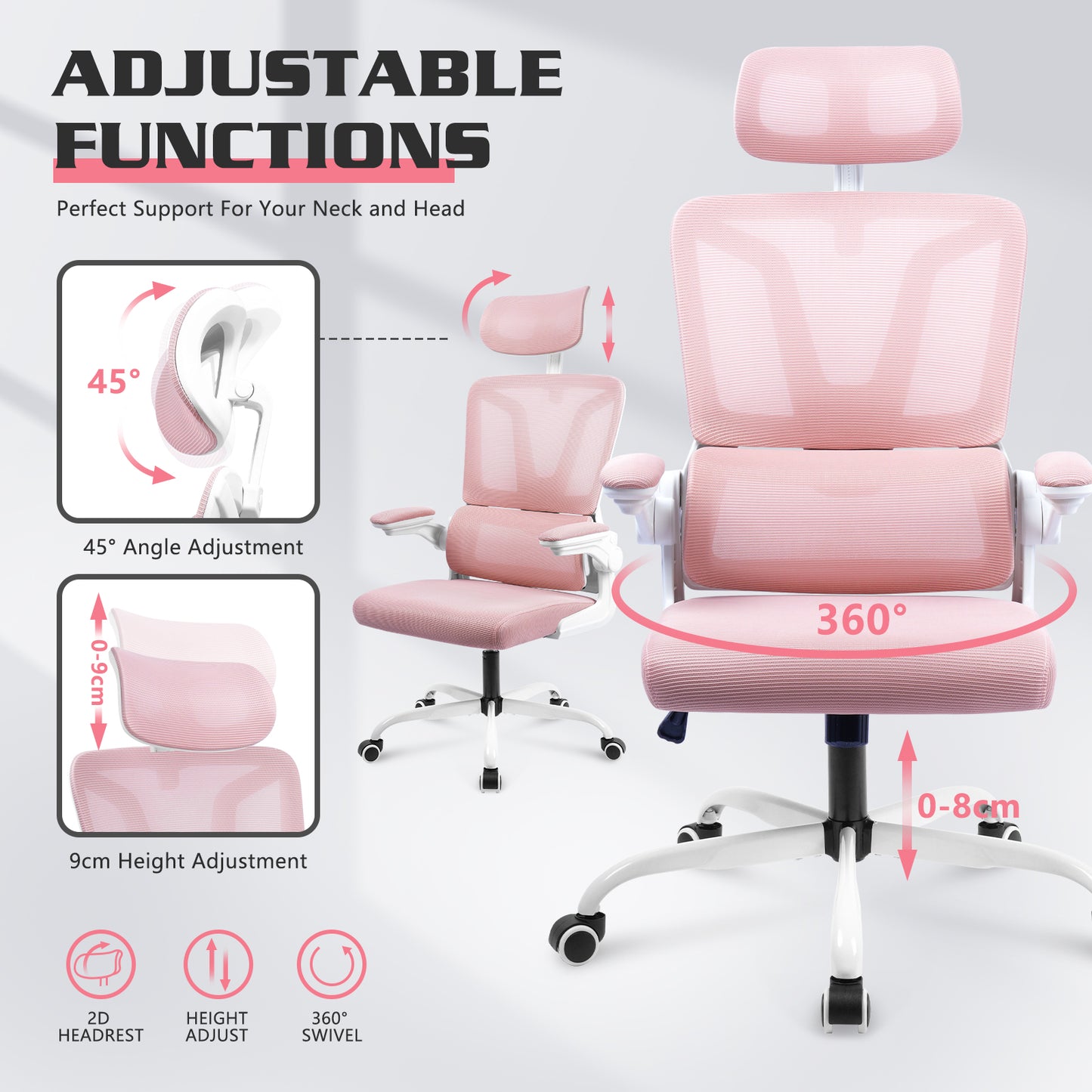 Luxvie Ergonomic Office Chair High Back Mesh Office Chair with Lumbar Support Pillow, Rocking Office Desk Chair with Adjustable Arms & Headrest, Comfortable Ergonomic Chair, Pink