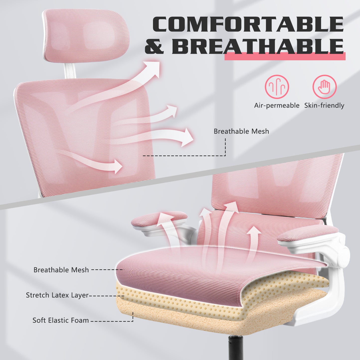 Luxvie Ergonomic Office Chair High Back Mesh Office Chair with Lumbar Support Pillow, Rocking Office Desk Chair with Adjustable Arms & Headrest, Comfortable Ergonomic Chair, Pink